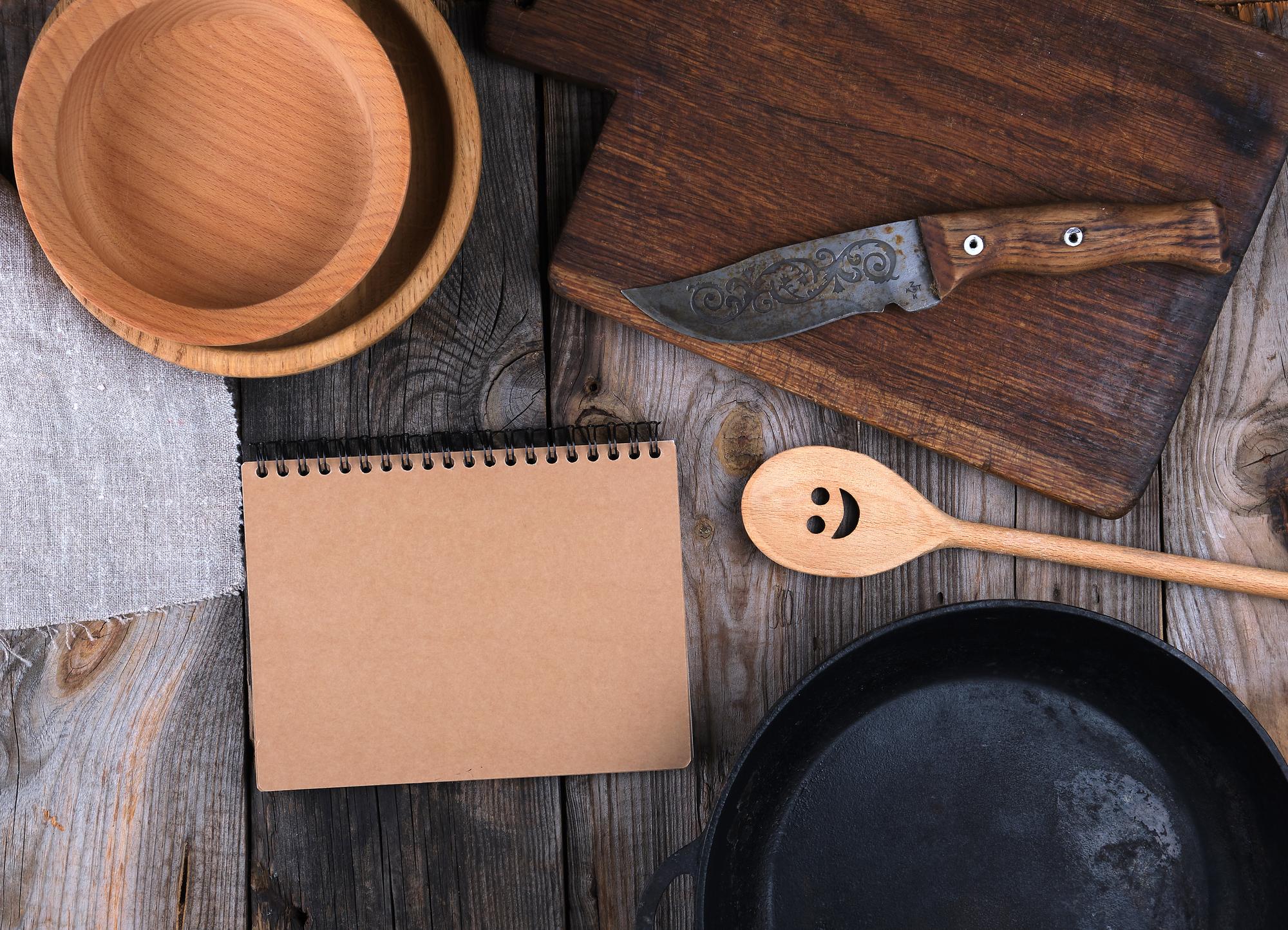 Workshop table with notes and labelled ingredients